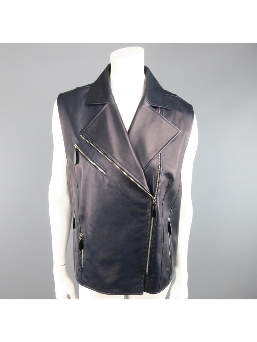 LENA LUMELSKY Size 4 Navy Leather Structured Back Motorcycle Vest